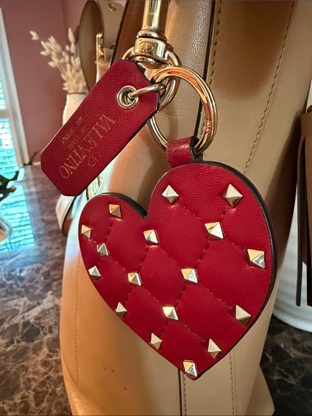 Valentino Rockstud Quilted Heart Bag Charm With Gold Rock-Studs Guc